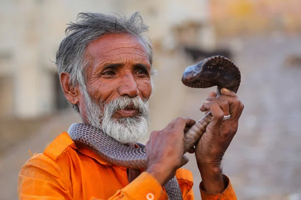 JAIPUR, INDIA - NOVEMBER 14: Unidentified man stands with a cobra in the street on November 14, 2014 in Jaipur, India. Jaipur is the capital and largest city of the Indian state of Rajasthan. — Stock Photo, Image