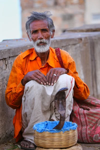 JAIPUR, INDIA - NOVEMBER 14: Unidentified man with a cobra sits in the street on November 14, 2014 in Jaipur, India. Jaipur is the capital and largest city of the Indian state of Rajasthan. — Stock Photo, Image