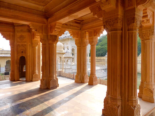 Carved pillars in Royal cenotaphs in Jaipur, Rajasthan, India
