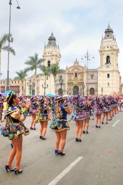 Lima, Peru-Ocak 31: Kimliği belirsiz kadın 31,2015 içinde Lima, Peru Ocak'ta Virgin de la Candelaria Festival süresince gerçekleştirmek. Çekirdek festivalin farklı dans okulları tarafından gerçekleştirilen dans ediyor