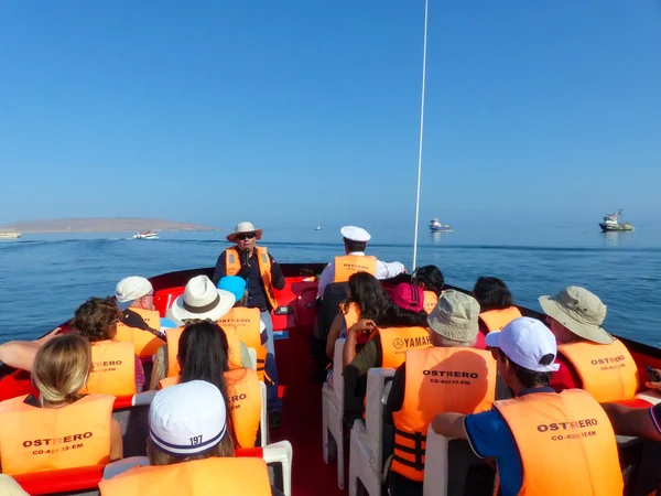 Paracas, Peru-Leden 26: neidentifikovaný lid sedí na výletní lodi 26. ledna 2015 v Pisco Bay v Peru. Paracas je malé přístavní město, které se stravuje turistům, kteří navštěvují rezervace Paracas a ostrovy Ballestas. — Stock fotografie