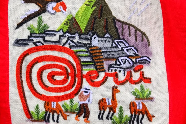 Detail of textile embroidery at the street market in Ollantaytam — Stock Photo, Image