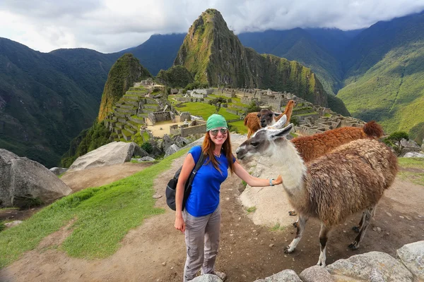 Mujer joven de pie con amables llamas en Machu Picchu overlo —  Fotos de Stock