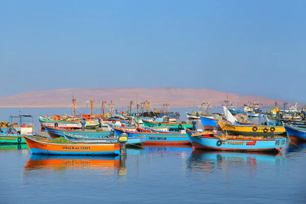 PARACAS, PERU-JANUARY 26: Colorful fishing boats anchored in Par