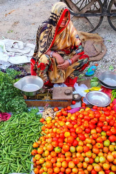 Jaipur, Indie-Listopad 15: neidentifikovaná žena prodává zeleninu — Stock fotografie