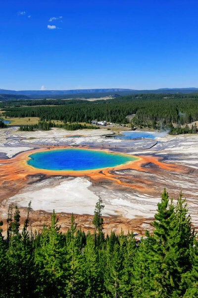 Aerial view of Grand Prismatic Spring in Midway Geyser Basin, Yellowstone National Park, Wyoming, USA. It is the largest hot spring in the United States