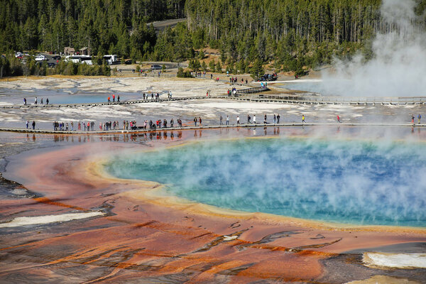 Крупный план Гранд Призматической Весны в бассейне Гейзера Мидуэй, Национальный парк Йеллоустон, Вайоминг, США. Это самый большой горячий источник в США