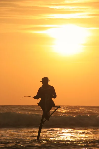 Silueta de un pescador palo al atardecer, Unawatuna, Sri Lanka —  Fotos de Stock