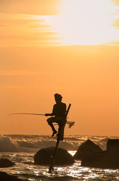 Silhuetten av en pinne fiskare vid solnedgången, unawatuna, sri lanka — Stockfoto