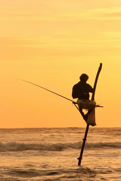 Silueta de un pescador palo al atardecer, Unawatuna, Sri Lanka — Foto de Stock