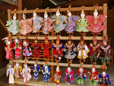 Display of traditional puppets at the street market, Mingun, Man clipart