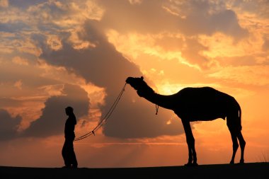 Gün batımında, Thar Çöl Jais yakınındaki bir deve ile kontrast kişi