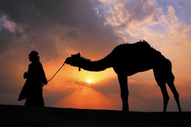 Kontrast Bedevi günbatımı, Thar Çöl, onun deve ile yürüme