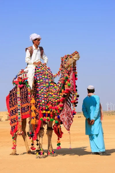 Местный житель на верблюде на фестивале в пустыне Джайсалмер, Индия — стоковое фото