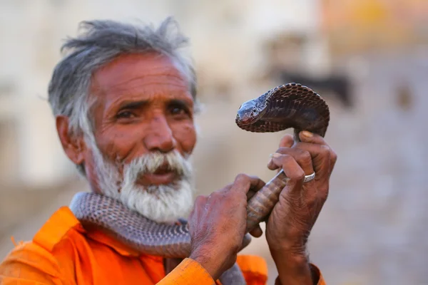 印度斋浦尔 - 11 月 14 日：2014 年 11 月 14 日，在印度斋浦尔，身份不明的男子与眼镜蛇站在街上。斋浦尔是印度拉贾斯坦邦的首府和最大城市. — 图库照片