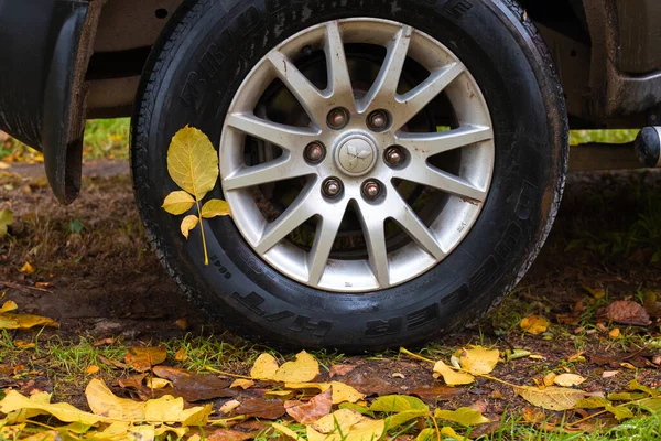 Anapa Ryssland 2020 Våta Gula Blad Fastnar Däcket Mitsubishi Bil — Stockfoto