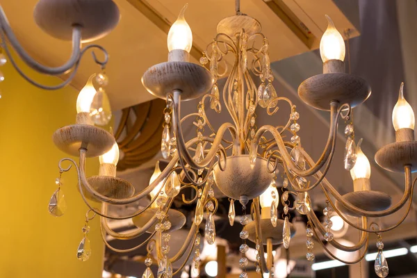 Beautiful Chandelier Candle Shaped Bulbs Crystal Drops Room Lighting Decor — Stock Photo, Image