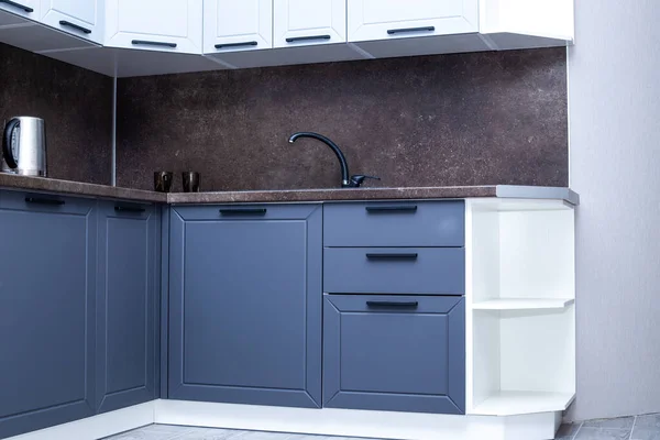 Unidades Esquina Inferior Cocina Azul Oscuro Habitación Interior — Foto de Stock