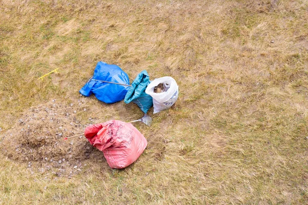 Kogalym Russia 2020 Cleaning Yard Rake Ground Bags Garbage Leaves — 스톡 사진