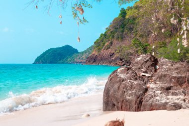 Koh Chang adasının tropikal kumlu sahillerinde deniz dalgaları. Cennet manzarası.