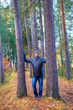 Uzun çamların arasında, sonbahar ormanında ceketli ve şapkalı bir adam yürüyor. Açık hava eğlencesi.