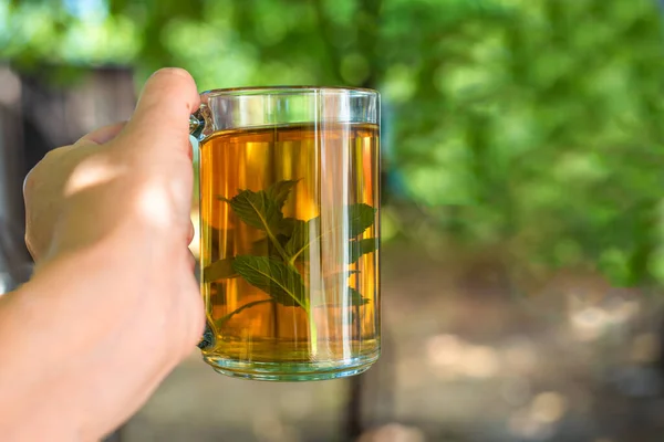 Green Aromatic Tea Mint Woman Hand Morning Tea Outdoors Summer — Stock Photo, Image