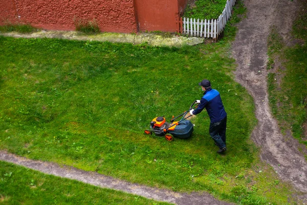 Arbetare Klipper Gräs Med Gräsklippare Baksidan Ett Hus Sommardag Staden — Stockfoto