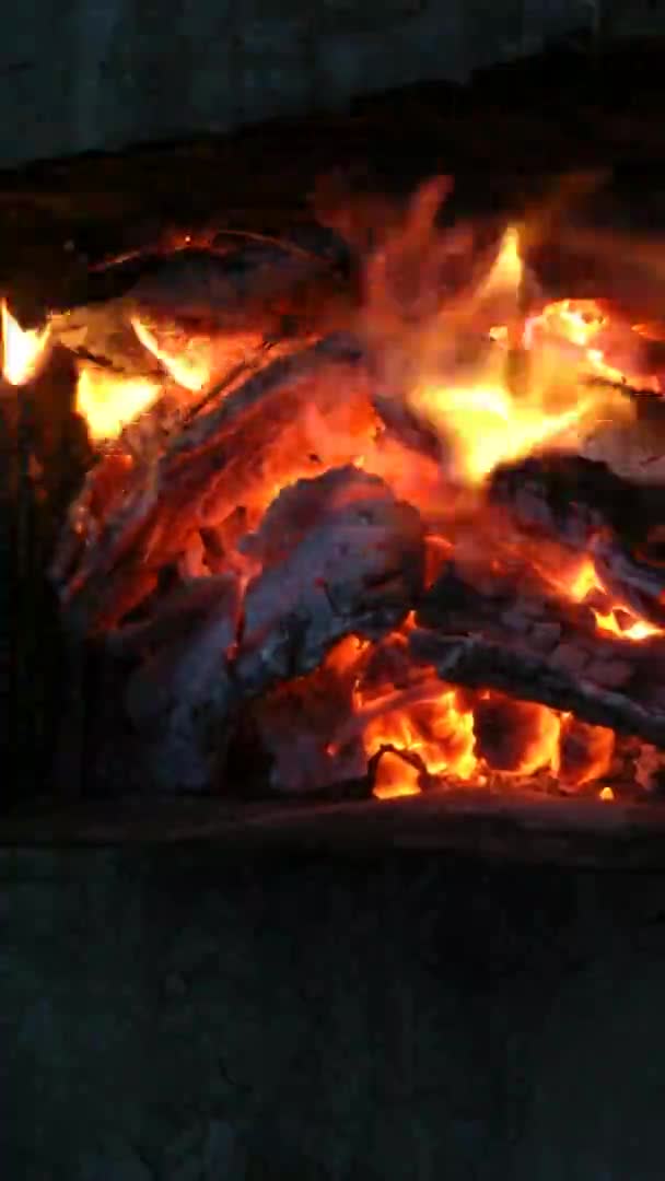 Λαμπερή φωτιά καίει στη σχάρα τη νύχτα — Αρχείο Βίντεο