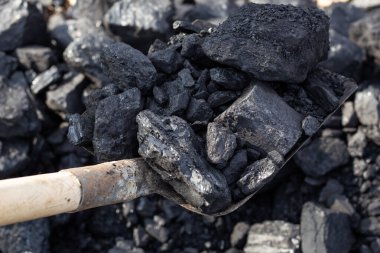 Kürekte büyük kömür yığınları. Kazan için yakıt. Ev ısıtması.