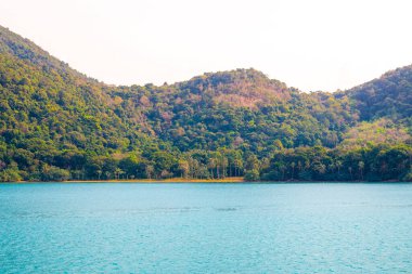 Adadaki ormanla denizden dağlara manzara