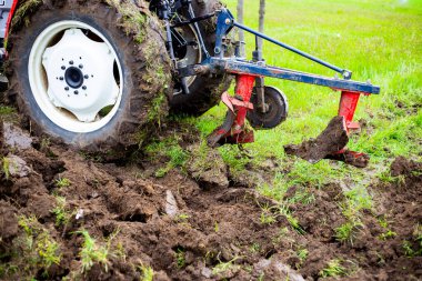 Elinde saban olan bir traktör bahar aylarında patates ekmek için tarla sürüyor. Toprağı sürüyorum, yakın plan.