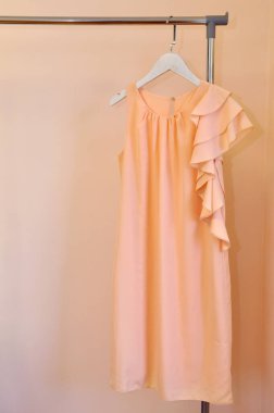 Güzel romantik şeftali rengi elbise, şeftali arkaplan, mesajın için boş yer. 