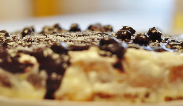 Textura de bolo de chocolate com nozes em um fundo desfocado — Fotografia de Stock