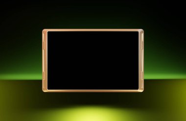 Siyah ekranlı altın cihaz, yeşil neon parıltılı siyah arkaplanı kapat. Bilim kurgu arayüzü çerçevesinin 3B görüntülemesi