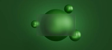 Yeşil soyut arkaplan, ortada dev bir altın küre, kurumsal tarz. Yatay cam morfizm web sitesi iniş sayfası şablonu. Metalik yükselen küreleri olan Matt camları. 3d oluşturma