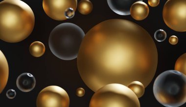 Altın küreler ve siyah arka planda yükselen camsı toplarla süslü soyut bir arka plan. Zarif duvar kağıtlarının 3B görüntülenmesi