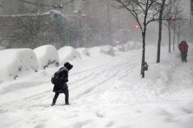 Kadın geçiş sokak kar blizzard Jonas Bronx'ta sırasında