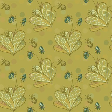 Yeşil zeytin arka planında kusursuz vektör deseni. Çilek bitkisi çizimi, basit tasarım ögesi.