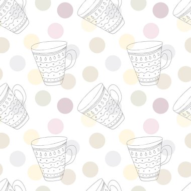 Hand drawn cup seamless pattern. Circles background and teacups vector pattern.