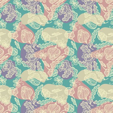 Background pattern with shapes, hand drawn decorative flowers. Vector seamless pattern. Design element.