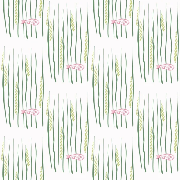 Cartoon abstract vector seamless pattern. Hand drawn fish in water plants. Doodle vector illustration. — Stockvektor