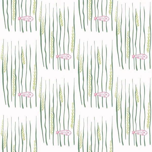 Pola vektor abstrak kartun mulus. Tangan ditarik ikan di tanaman air. Ilustrasi vektor Doodle. Stok Vektor Bebas Royalti