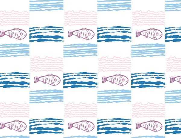 Squared water waves and fishes vector seamless pattern. Simple pattern design for wallpapers, backdrops, wrapping. — Stock Vector