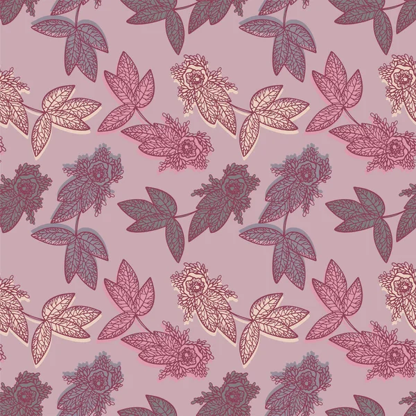 Handgezeichnete abstrakte Blumen und Blätter auf rosa Hintergrund. Vektor nahtlose Muster. Textile Kulisse. Botanische Illustration. — Stockvektor