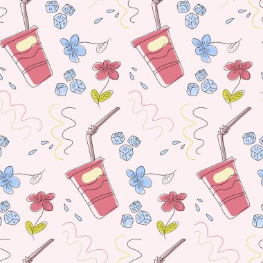 Fincanlar, buz küpleri, çiçekler ve dalgalı çizgilerle soyut desenler. Kusursuz vektör deseni.