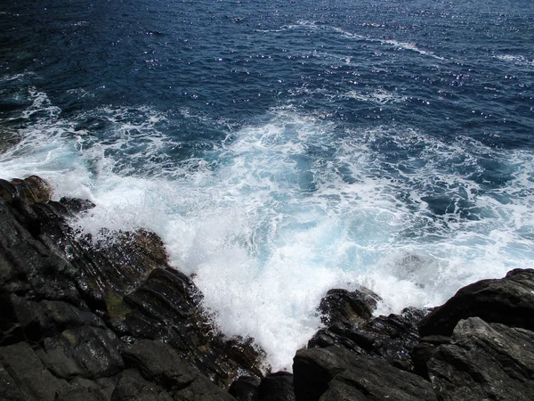 Vagues s'écrasant sur les rochers des 5 terres c — Photo