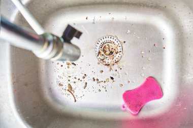 Kirli bir lavaboda yemek artıkları. Tıkanma. Lavaboda pembe bir bulaşık süngeri var.