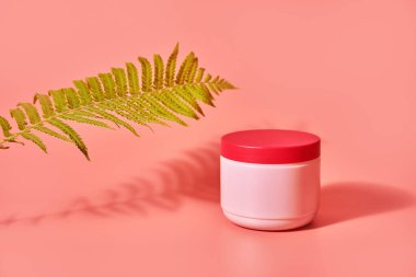 Pembe arka planda yeşil eğreltiotu yaprağı. Krema kavanozu. Kozmetik bakım. Boşluğu kopyala