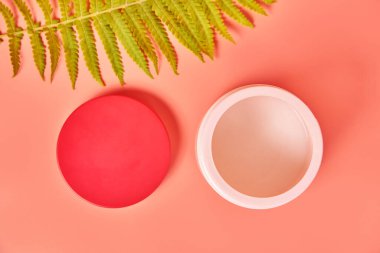 Pembe arka planda yeşil eğreltiotu yaprağı. Krema kavanozu. Kozmetik bakım. Boşluğu kopyala