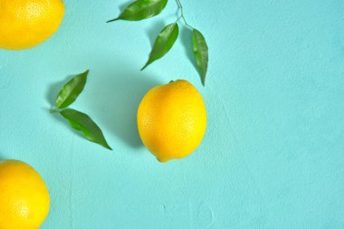 Yapraklı yeşil dallı taze sarı limon. Turkuaz arka plan. Boşluğu kopyala